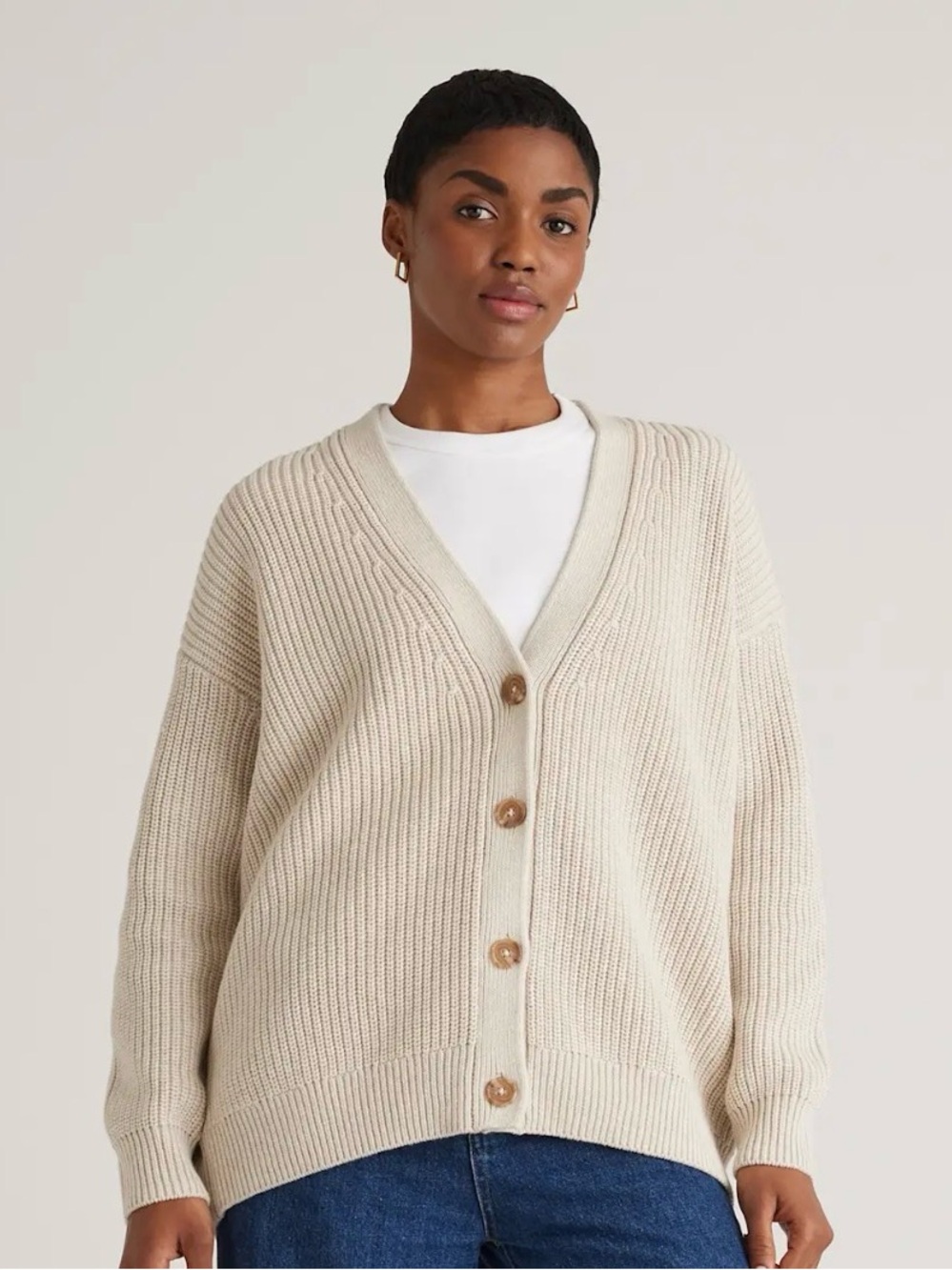 Quince 100% Cotton Women's Cream Button-Front V-Neck Ribbed Cardigan Sweater